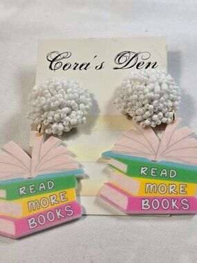 Cora's Den Read More Books Dangle Earrings White Beaded Cluster Bookworm Gift